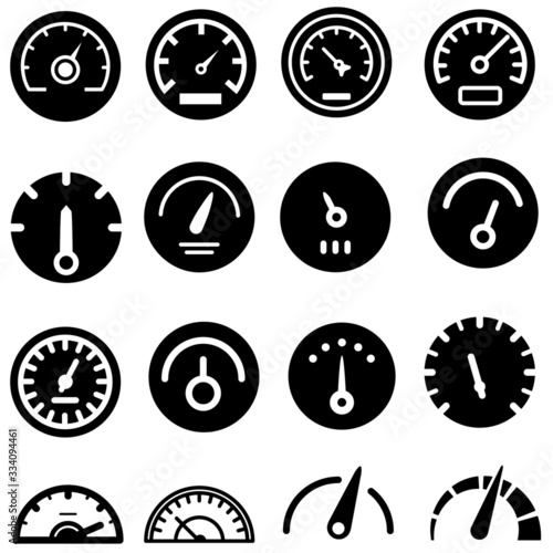	 Display with measurement scale and arrow. Icon for measuring device. Meter for measuring speed, temperature, pressure, mass, humidity, car mileage. Bar level meter, vector illustration.