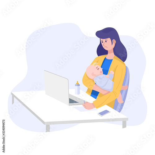 Work from home concept, Stressed mother with crying baby working on laptop computer at home. Vector