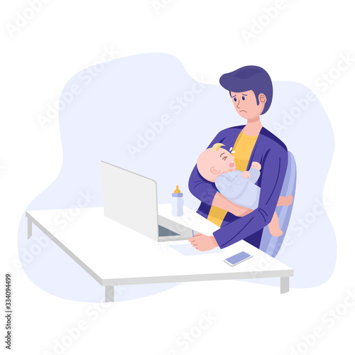 Work from home concept, Fruastrated father with crying baby working on laptop computer at home. Vector