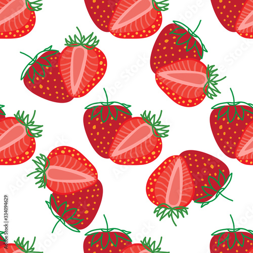 Fototapeta Naklejka Na Ścianę i Meble -  Vector seamless pattern of Strawberrys, design colorful abstract illustration. Whole and sliced red Strawberry berry on white background for patterns, textile, packgage, wrapping, wallpapers and cards