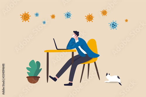 Boredom work from home in Coronavirus outbreak social distancing, stay home, boring low productivity concept, office guy working at home with computer laptop boring with COVID-19 virus pathogen.