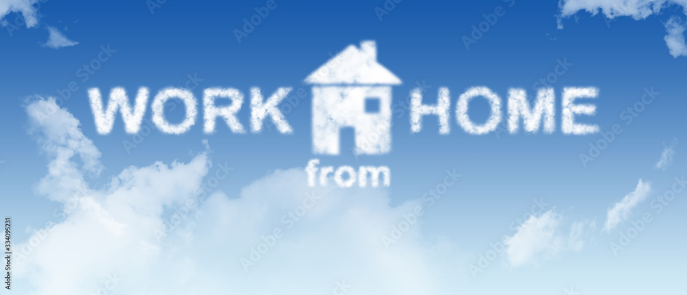 work from home cloud text on blue gradient with fluffy cloud, panorama