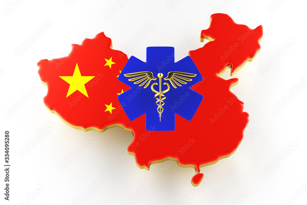 Caduceus sign with snakes on a medical star. Map of China land border with flag. China map on white background. 3d rendering Caduceus sign with snakes on a medical star. Map of China land border with flag. China map on white background. 3d rendering