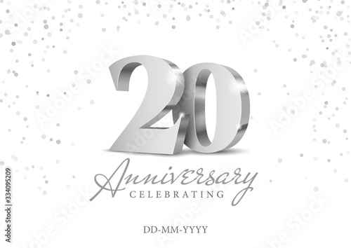 Anniversary 20. silver 3d numbers. Poster template for Celebrating 20th anniversary event party. Vector illustration