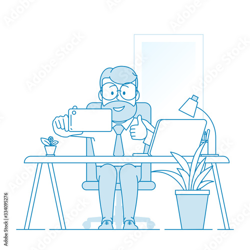 Happy man office worker makes selfie in office. The gesture is all ok. Character - a man with glasses and with beard. Illustration in line art style. Vector