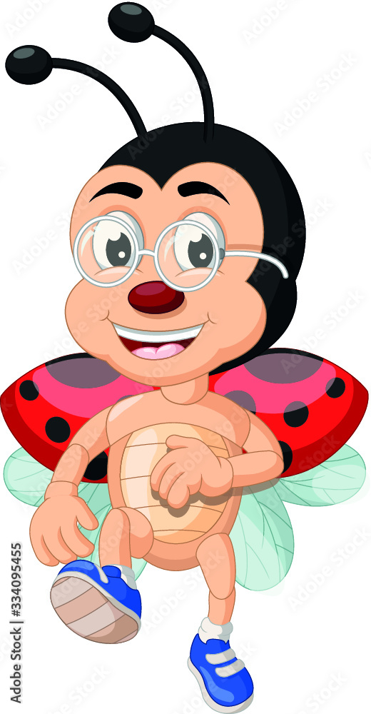 Naklejka premium Cute Ladybug Walking Wear Blue Shoes and Eyeglasses Cartoon