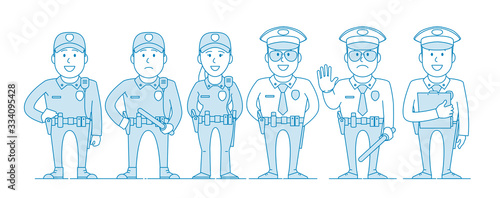 Set of police characters. Policeman with a club restricting movement or detention. Patrol officer with a protocol. Hand stand behind. Illustration in line art style. Vector