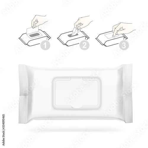 Wet wipes flow pack isolated on white background. Template for your design. Realistic vector illustration. EPS10.	