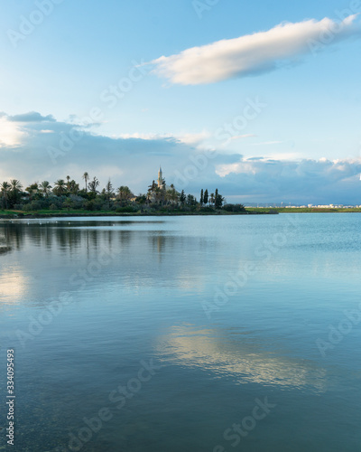 Landscape with lake and cloud. Larnaca Salt Lake