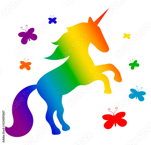 Rainbow cartoon silhouette of a unicorn horse rearing up, with a flowing mane and seven colorful butterflies around. White background. Vector graphics, illustration