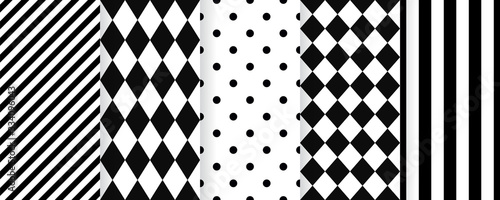 Harlequin seamless pattern. Vector. Circus black white background with rhombuses, stripes and polka dots. Grid tile texture. Geometric illustration. Diamond print.