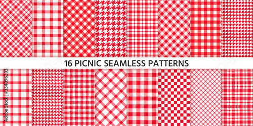Picnic tablecloth seamless pattern. Red gingham backgrounds. Vector. Plaid cloth napkin textures. Set checkered kitchen prints. Retro wallpaper with check square glen houndstooth. Color illustration