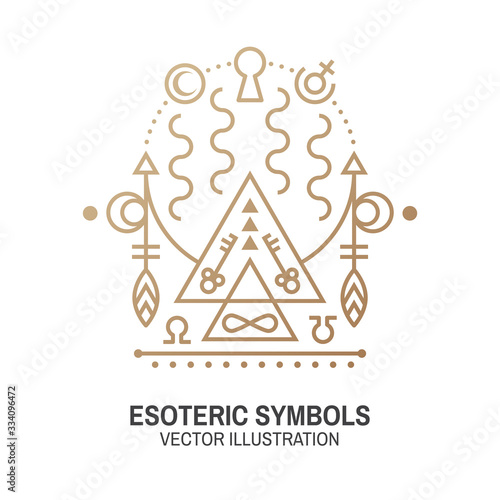 Esoteric symbols. Vector. Thin line geometric badge. Outline icon for alchemy or sacred geometry. Mystic and magic design with Gate to another world.