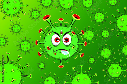 Cartoon mascot  logo and symbol of Corona virus COVID-19 with green background