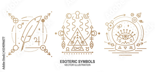 Esoteric symbols. Vector. Thin line geometric badge. Outline icon for alchemy or sacred geometry. Mystic and magic design with feather, stars, planets, moon, glass ball and all-seeing eye