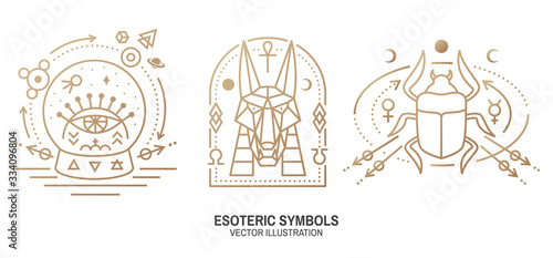 Esoteric symbols. Vector. Thin line geometric badge. Outline icon for alchemy, sacred geometry. Mystic, magic design with scarab beetle, egyptian god Anubis, moon, sun, glass ball, all-seeing eye