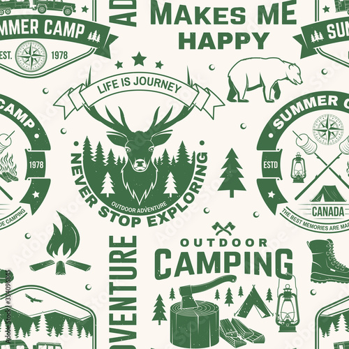Set of outdoor adventure seamless pattern. Vector. Seamless camping pattern with hiking boots, camping tent, lantern, axe, mountains, bear, deer, forest silhouette. Camping texture