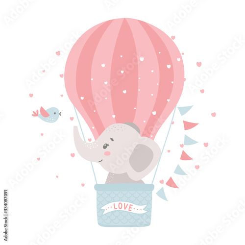 Cute baby elephant in a hot air balloon. Vector illustration for baby shower, greeting card, party invitation, fashion clothes t-shirt print.