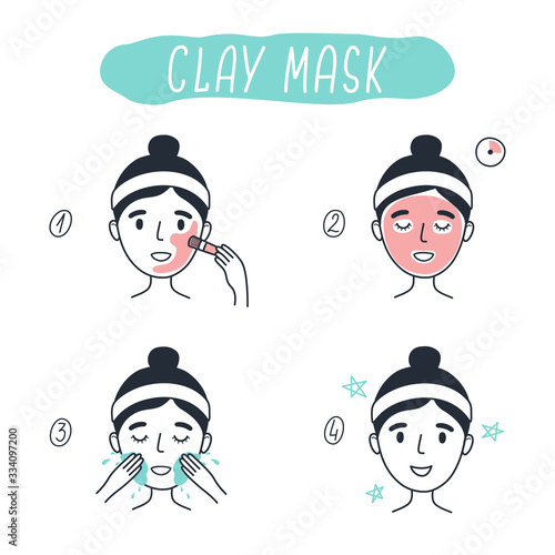 Steps how to apply facial cosmetic clay mask. Line vector elements on a white background.