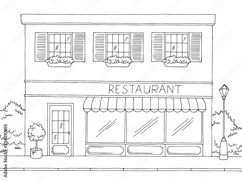 Restaurant exterior graphic black white sketch illustration vector