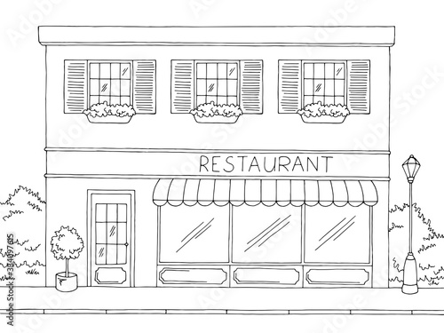 Restaurant exterior graphic black white sketch illustration vector