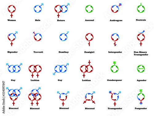 Gender symbols set. Sexual orientation icons. Male, female, transgender, gay, lesbian, bisexual, bigender, travesti