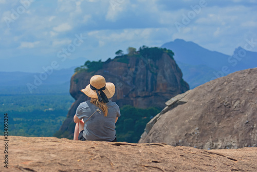 Travelers Looking Breathtaking Sigiriya Rock Fortress View From Pidurangala Rock In Sigiriya  Sri Lanka  With The Computer Color Effects 