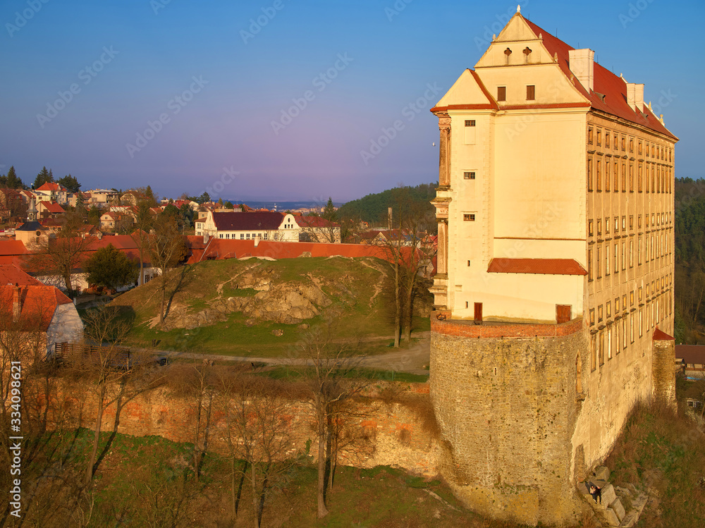 Aerial view on Chateau Plumlov, standing on a promontory above the surface of Plumlov Lake, designed by Prince Karl Eusebius of Liechtenstein. Plumlov chateau, central Moravia, Czech landscape.