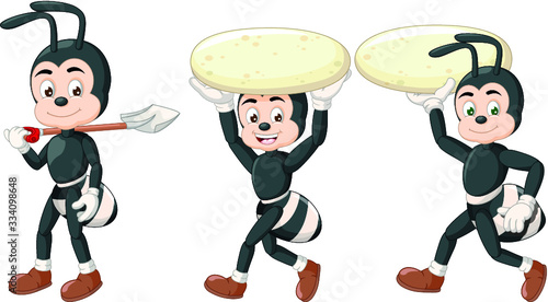 Funny Three Ants Carrying White Big Rocks and Shovel Cartoon