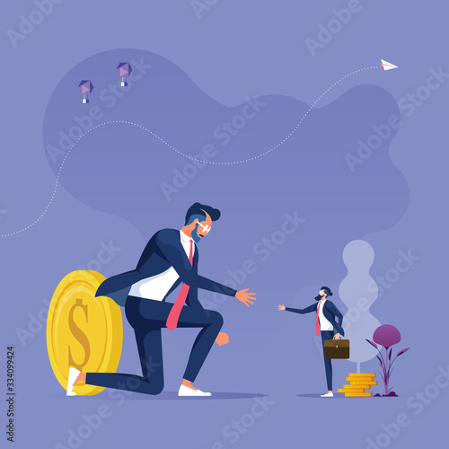 Big businessman sitting down to shake hand with small businessman-Business partnership concept