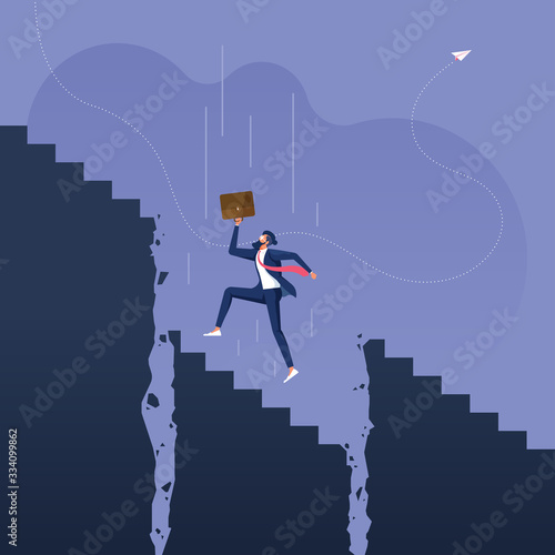 Businessman walking up the stairs while staircase is collapsing and falling down-Business career metaphor concept