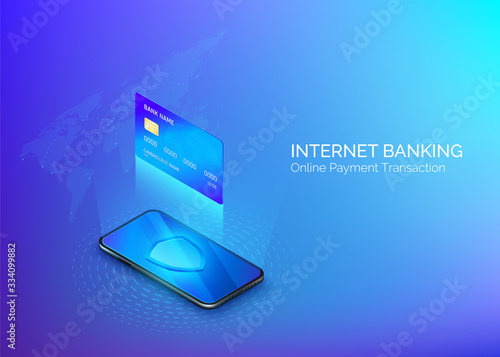 Money transfer or online payment. Banking online service. Internet shopping. Credit card above mobile phone isometric banner. Security and protection online payment Vector