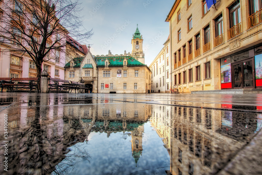 Bratislava, Slovakia - walk in the old city of Bratislava, view of the city.View on the Old town hall in reflection