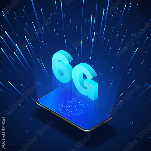 High speed 6G global mobile networks. Business isometric illustration smartphone with internet hologram and text 6g. Modern data transfer. Wireless technology. Vector