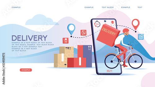 Fast delivery by bike via mobile phone. Ecommerce concept. Online shopping. Online delivery service concept. Online order tracking. City logistics. Vector illustration