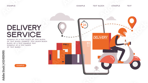Fast delivery by bike via mobile phone. Ecommerce concept. Online shopping. Online delivery service concept. Online order tracking. City logistics. Vector illustration