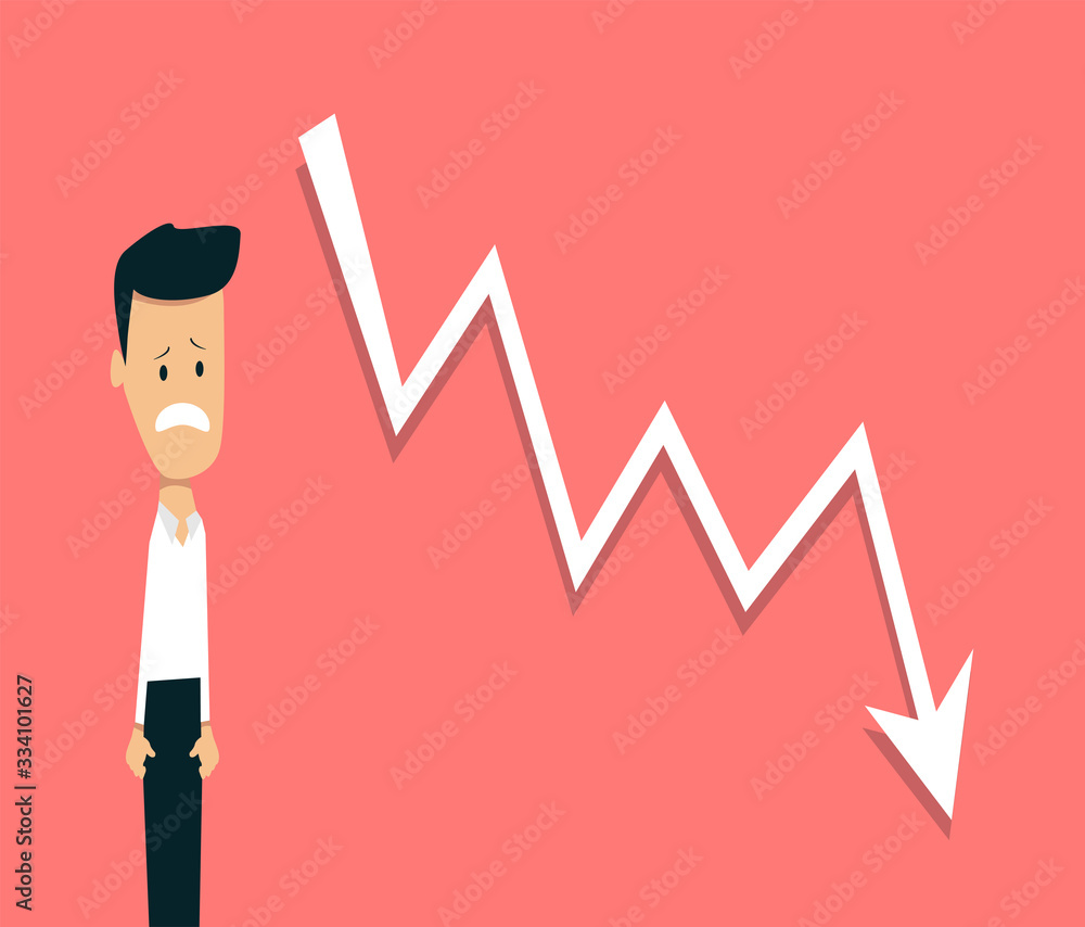 A worried character looking at a declining stock market arrow A worried character looking at a declining stock market arrow