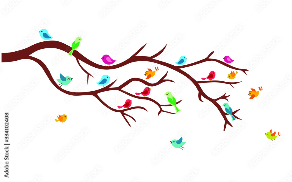 Colorful birds on a tree branch vector illustration