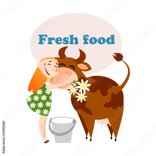 Farmer girl is hugging her cow before milking it.