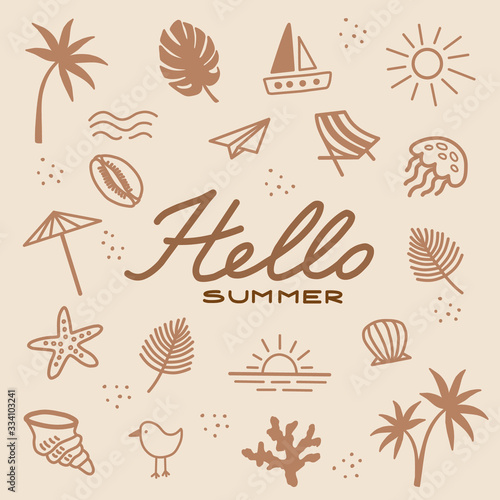 Beach set. Summer. Banner with the inscription. Minimalistic set in pastel colors. Simple color vector illustration.