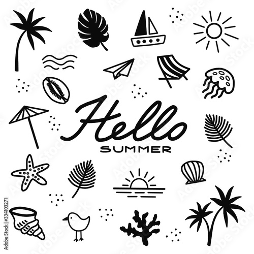 Beach set. Summer. Banner with the inscription. Black-white set of an minimalistic set. Simple vector illustration on a white background.