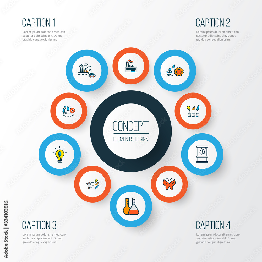 Environment icons colored line set with waste separation, flasks, eia ...