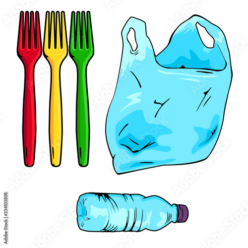 A set of plastic forks, pacts and bottles. Garbage stickers on white background. Environmentally damaging things.