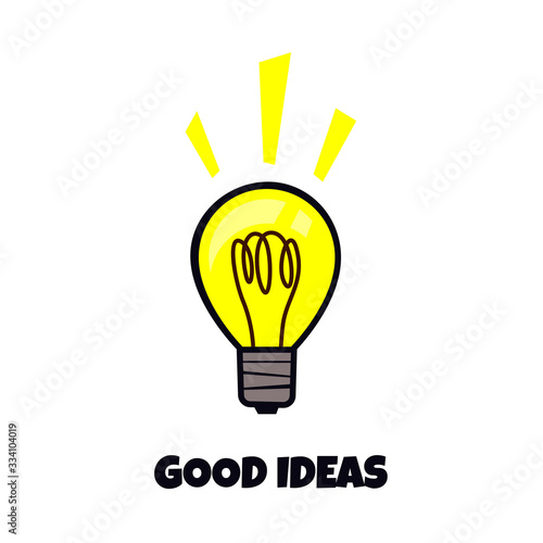 Bright, luminous and stylized light bulb and the inscription of good ideas. Cartoon style light bulb