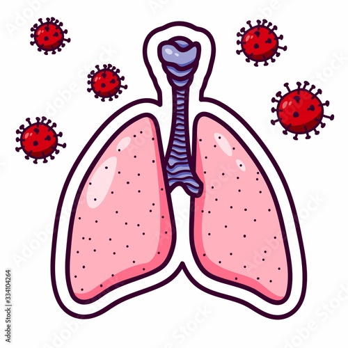 The global epidemic for people. Danger to human health.Red bacteriophage with a crown on the head.  Cartoon coronavirus.Lungs that are protected from evil bacteriophages.
