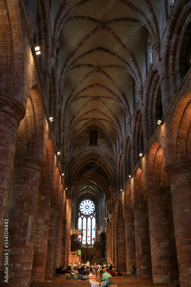 Kirkwall - Orkney (Scotland), UK - August 06, 2018: 12th century Romanesque Saint Magnus cathedral inside, Kirkwall, Orkney, Scotland, Highlands, United Kingdom