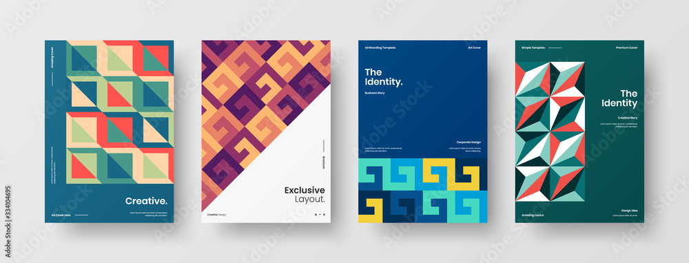 Business presentation vector A4 vertical orientation front page mock up set. Corporate report cover abstract geometric illustration design layout bundle. Company identity brochure template collection. Business presentation vector A4 vertical orientation front page mock up set. Corporate report cover abstract geometric illustration design layout bundle. Company identity brochure template collection.