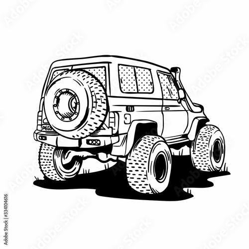 A huge SUV in perspective. The trunk is turned towards us. A car with huge wheels and a spare wheel. A car for travel and adventure.Isolated on white background