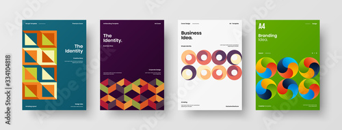 Business presentation vector A4 vertical orientation front page mock up set. Corporate report cover abstract geometric illustration design layout bundle. Company identity brochure template collection. © kitka