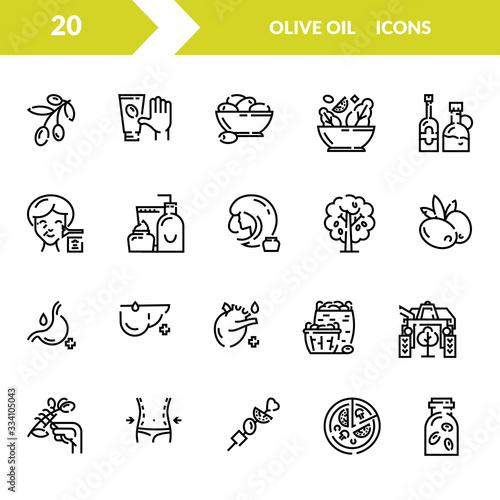Olives. Olive oil. Set of linear icons.